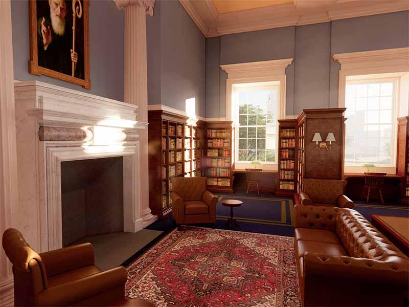 Rendering of the new library reading room with fireplace
